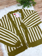 Olive & Oatmeal Stripe Open Front Cardigan - Women’s Cardigan Top - by LovLov - Loose Fit