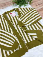 Olive & Oatmeal Stripe Open Front Cardigan - Women’s Cardigan Top - by LovLov - Loose Fit