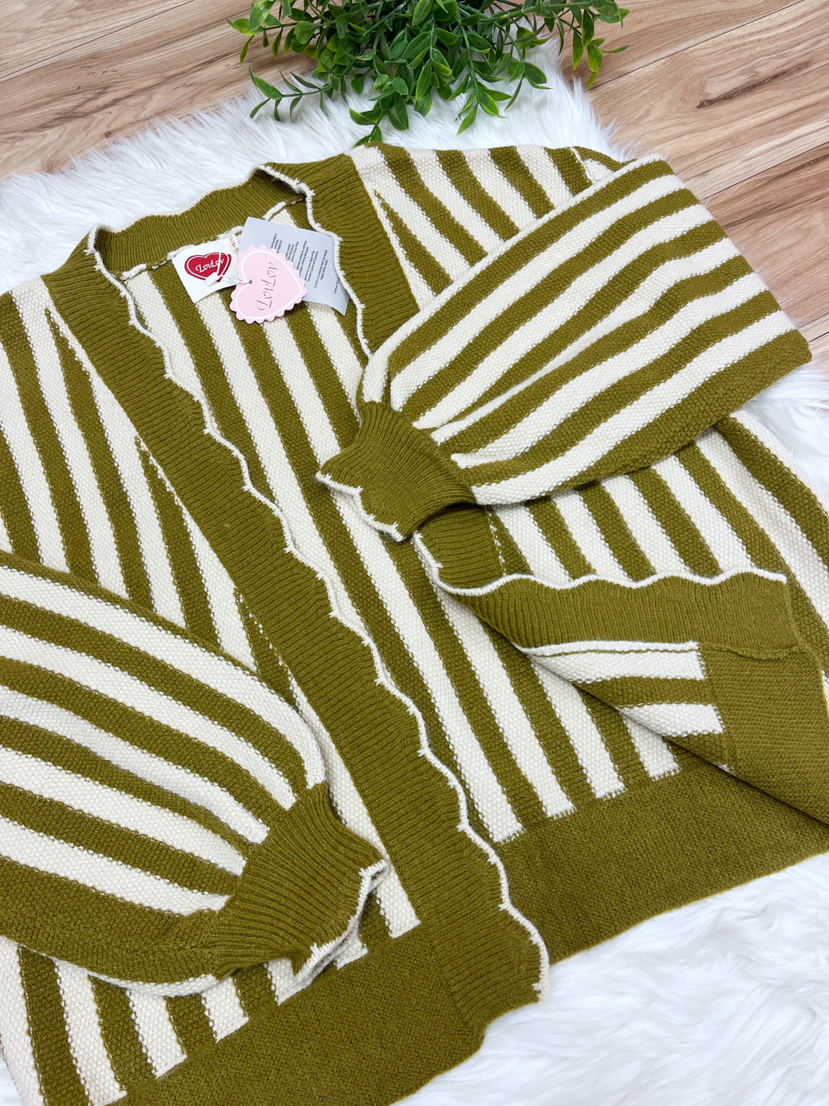 Olive & Oatmeal Stripe Open Front Cardigan - Women’s Cardigan Top - by LovLov - Loose Fit