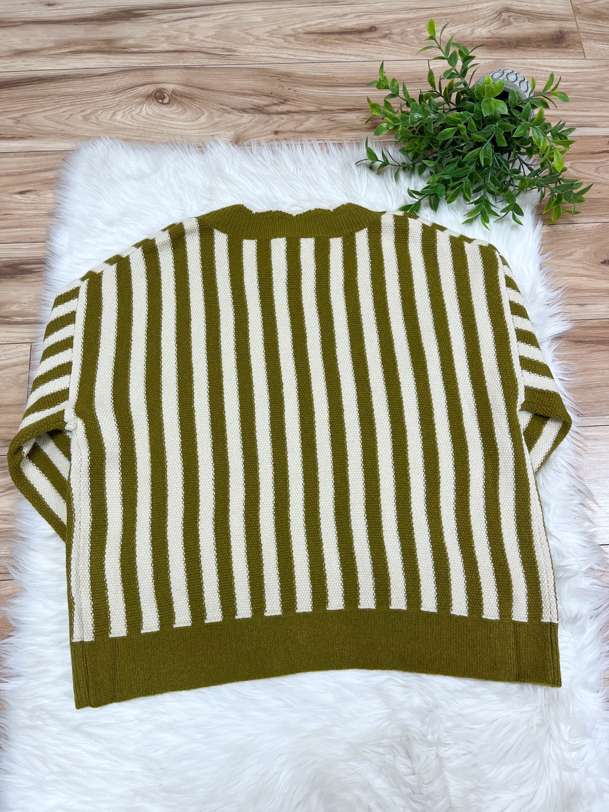Olive & Oatmeal Stripe Open Front Cardigan - Women’s Cardigan Top - by LovLov - Loose Fit