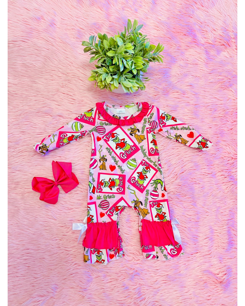 Pink Grinch Romper with Ruffle & Bow Tie Detail - Girls Romper - by Mini Mee - True to Size