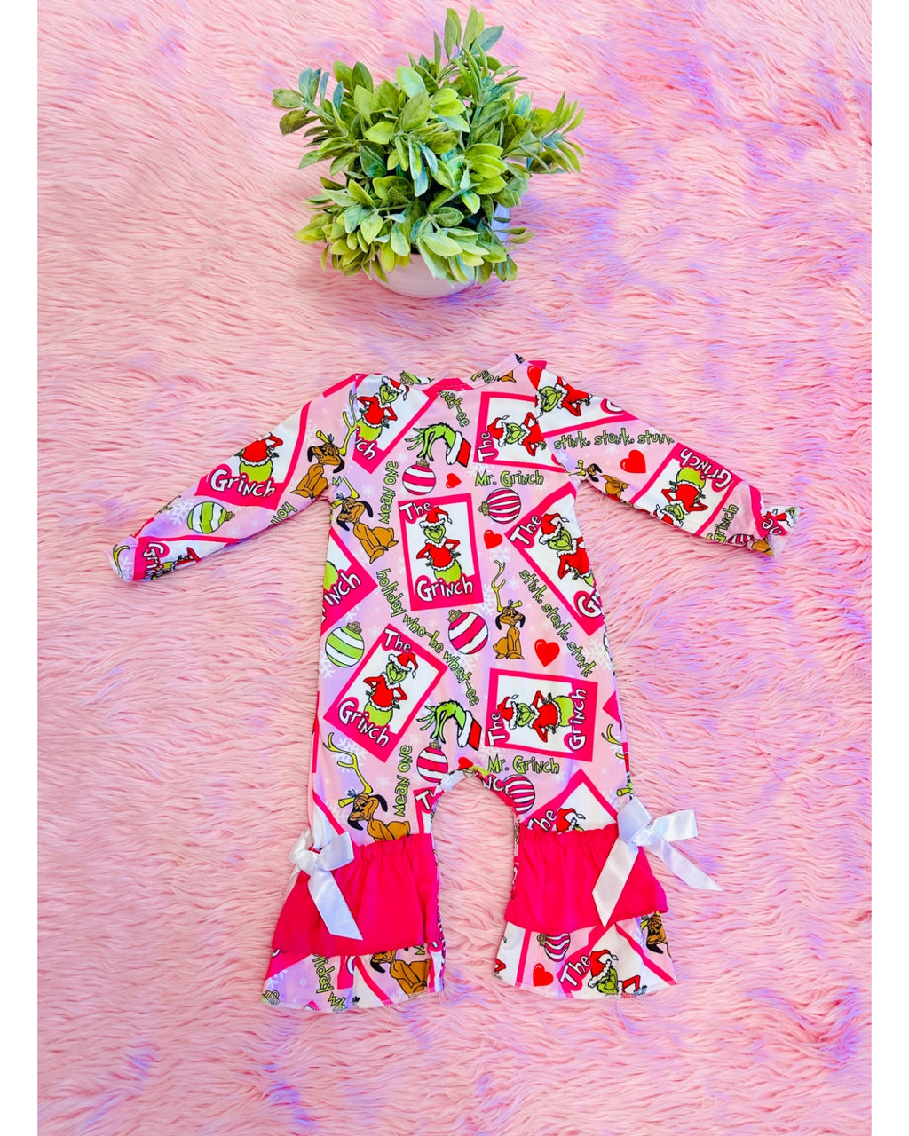 Pink Grinch Romper with Ruffle & Bow Tie Detail - Girls Romper - by Mini Mee - True to Size