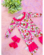 Pink Grinch Romper with Ruffle & Bow Tie Detail - Girls Romper - by Mini Mee - True to Size
