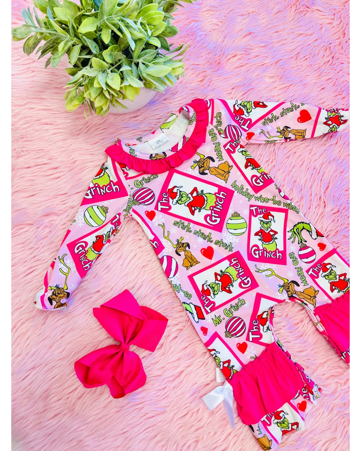 Pink Grinch Romper with Ruffle & Bow Tie Detail - Girls Romper - by Mini Mee - True to Size