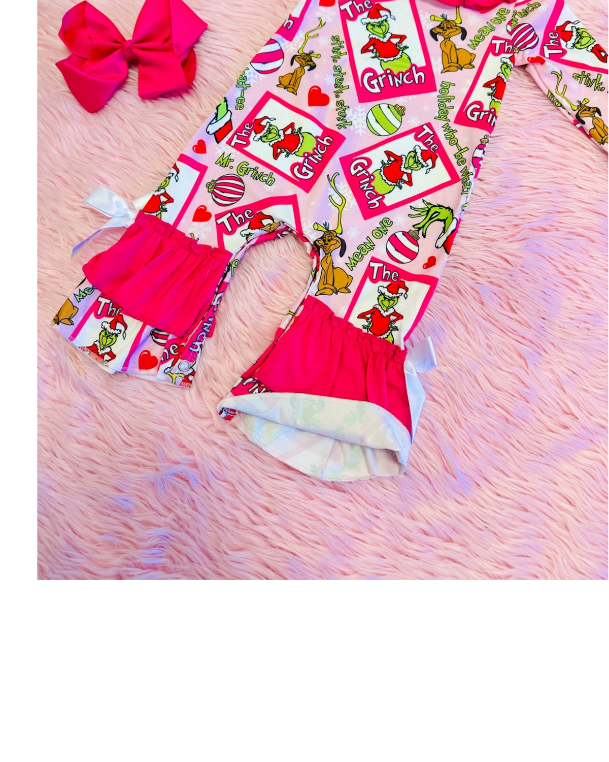 Pink Grinch Romper with Ruffle & Bow Tie Detail - Girls Romper - by Mini Mee - True to Size