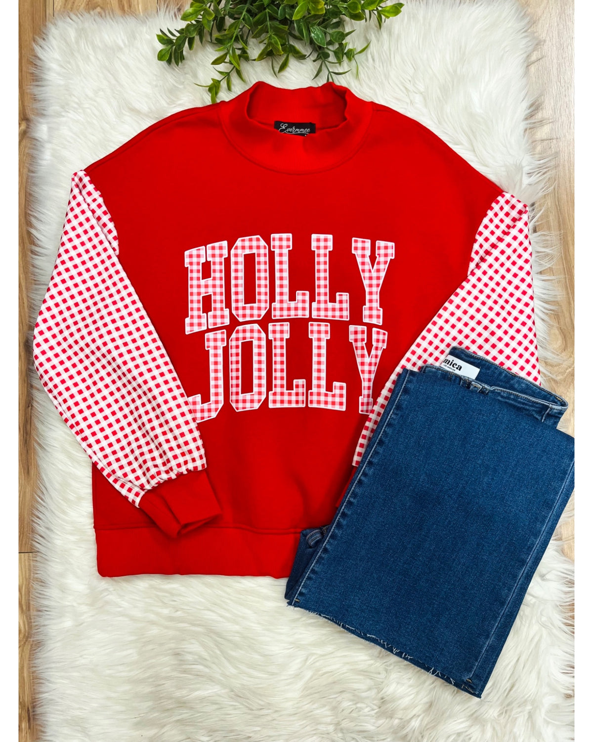 Red Holly Jolly Top with Plaid Print & Sleeves - Women’s Sweatshirt Top - by Evermmee - True to Size
