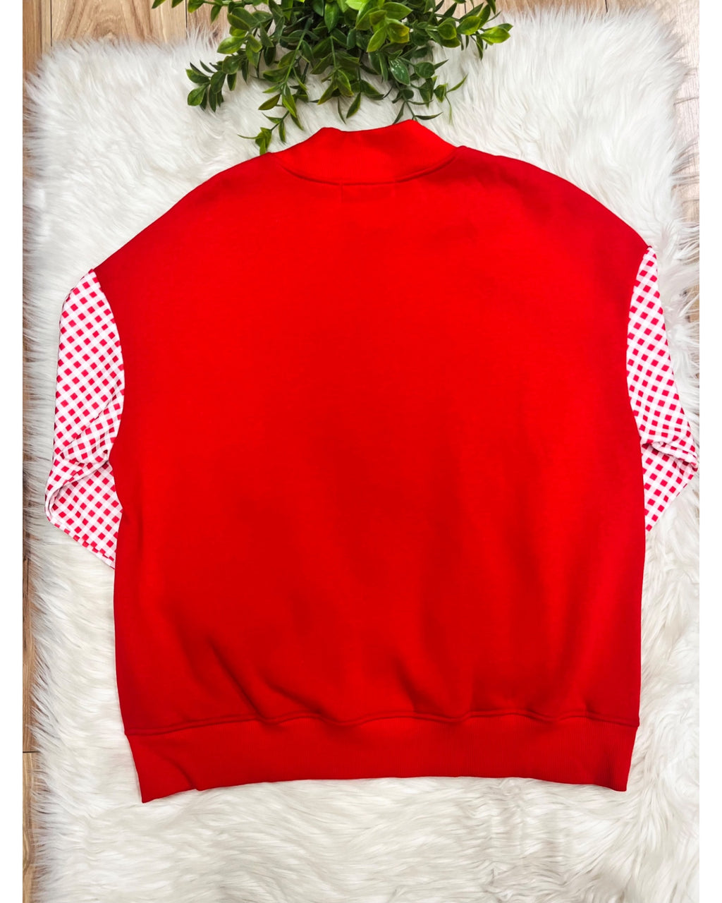 Red Holly Jolly Top with Plaid Print & Sleeves - Women’s Sweatshirt Top - by Evermmee - True to Size