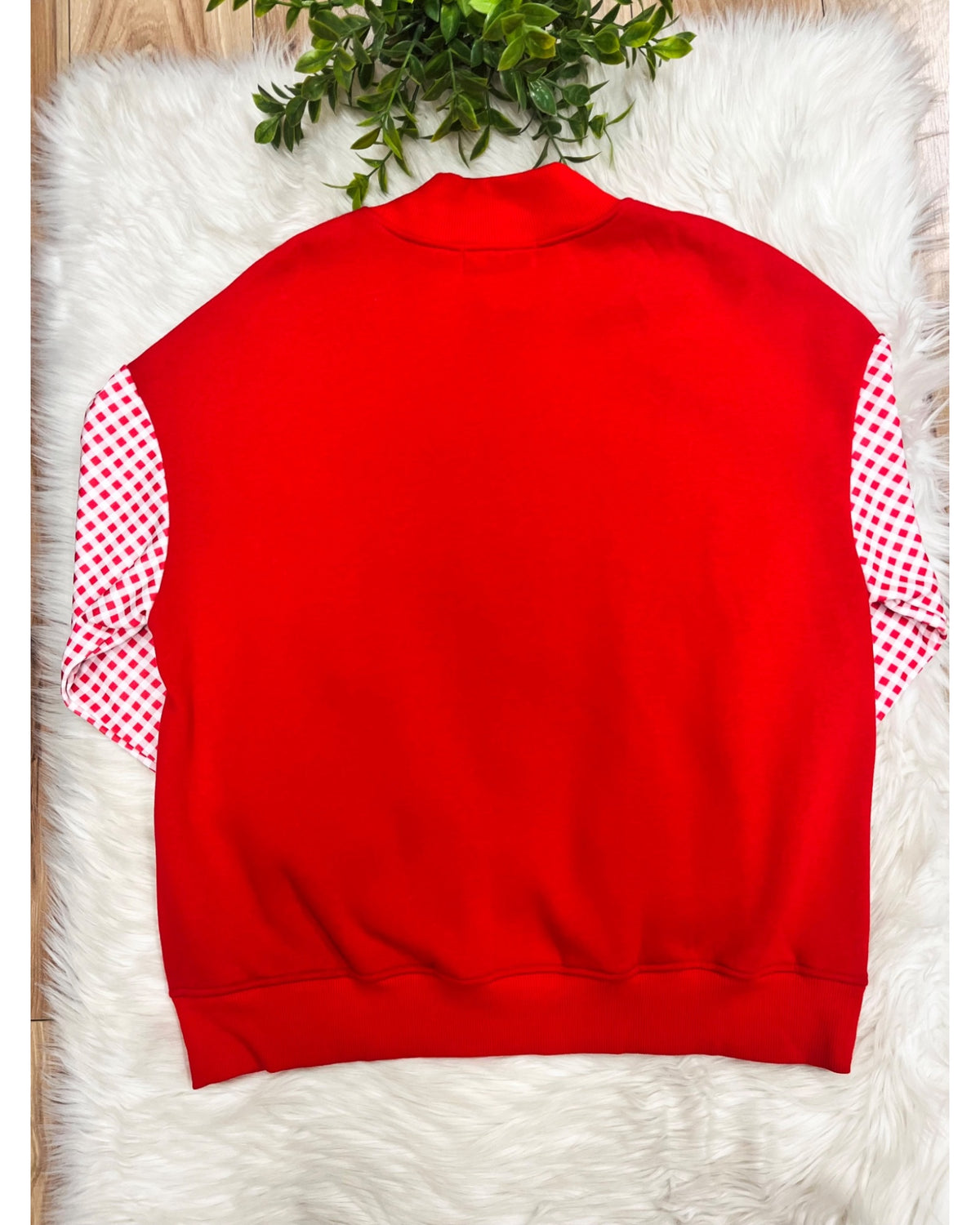 Red Holly Jolly Top with Plaid Print & Sleeves - Women’s Sweatshirt Top - by Evermmee - True to Size