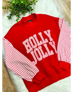Red Holly Jolly Top with Plaid Print & Sleeves - Women’s Sweatshirt Top - by Evermmee - True to Size