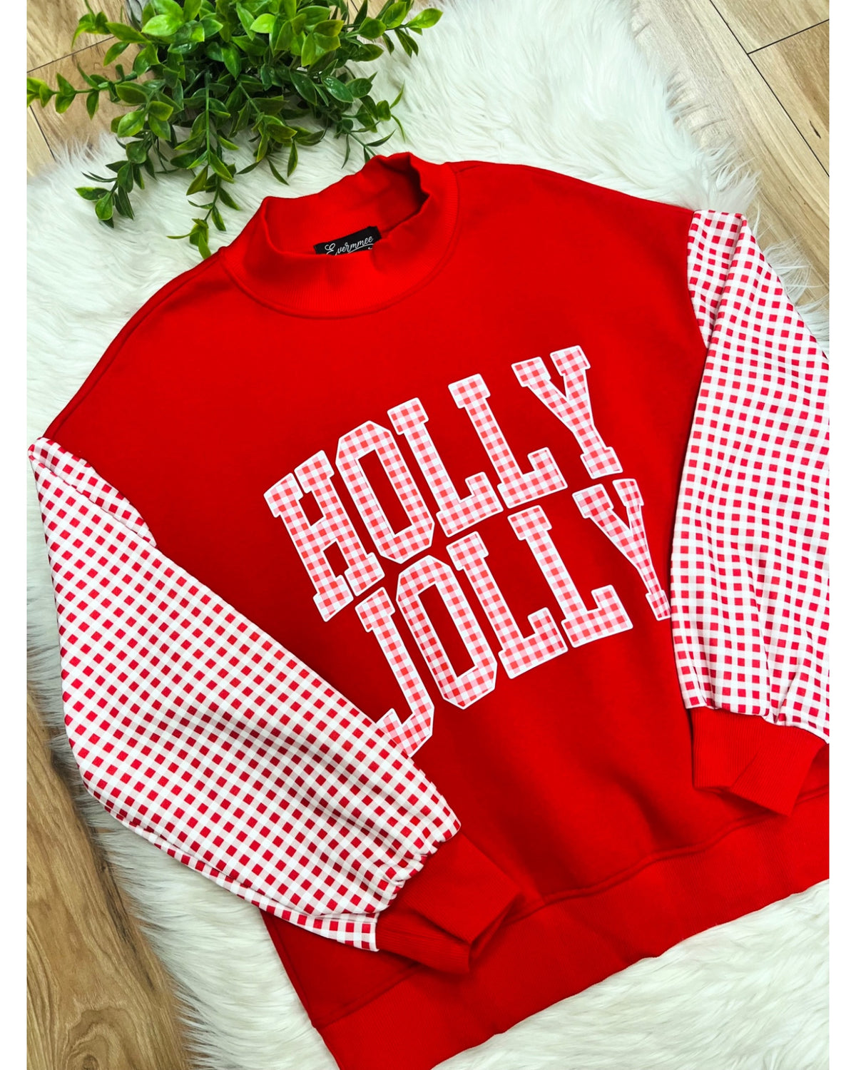 Red Holly Jolly Top with Plaid Print & Sleeves - Women’s Sweatshirt Top - by Evermmee - True to Size