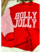 Red Holly Jolly Top with Plaid Print & Sleeves - Women’s Sweatshirt Top - by Evermmee - True to Size