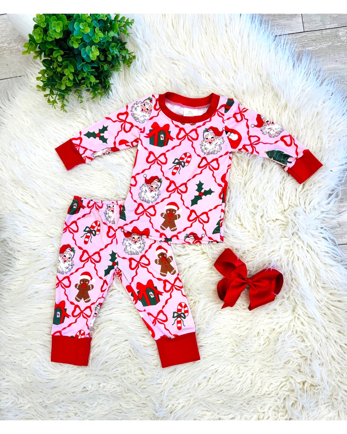 Pink Holiday Theme with Bows - Girls Pants Outfit - by Mini Mee - True to Size