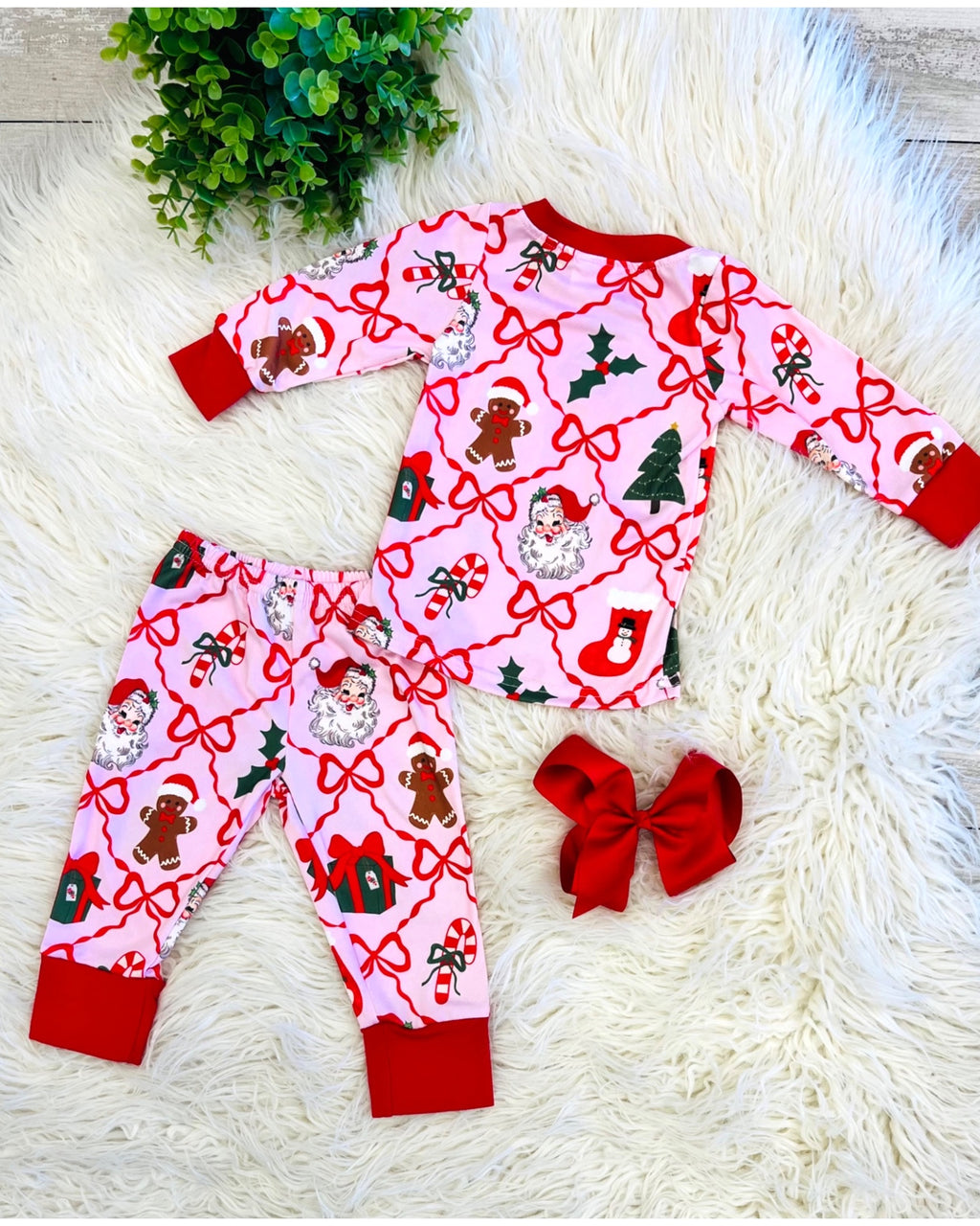 Pink Holiday Theme with Bows - Girls Pants Outfit - by Mini Mee - True to Size