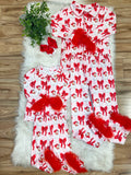 Pink Santa and bows with red fluff sleeves - Girls Pants Outfit - by Mini Mee - True to Size