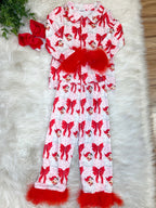 Pink Santa and bows with red fluff sleeves - Girls Pants Outfit - by Mini Mee - True to Size