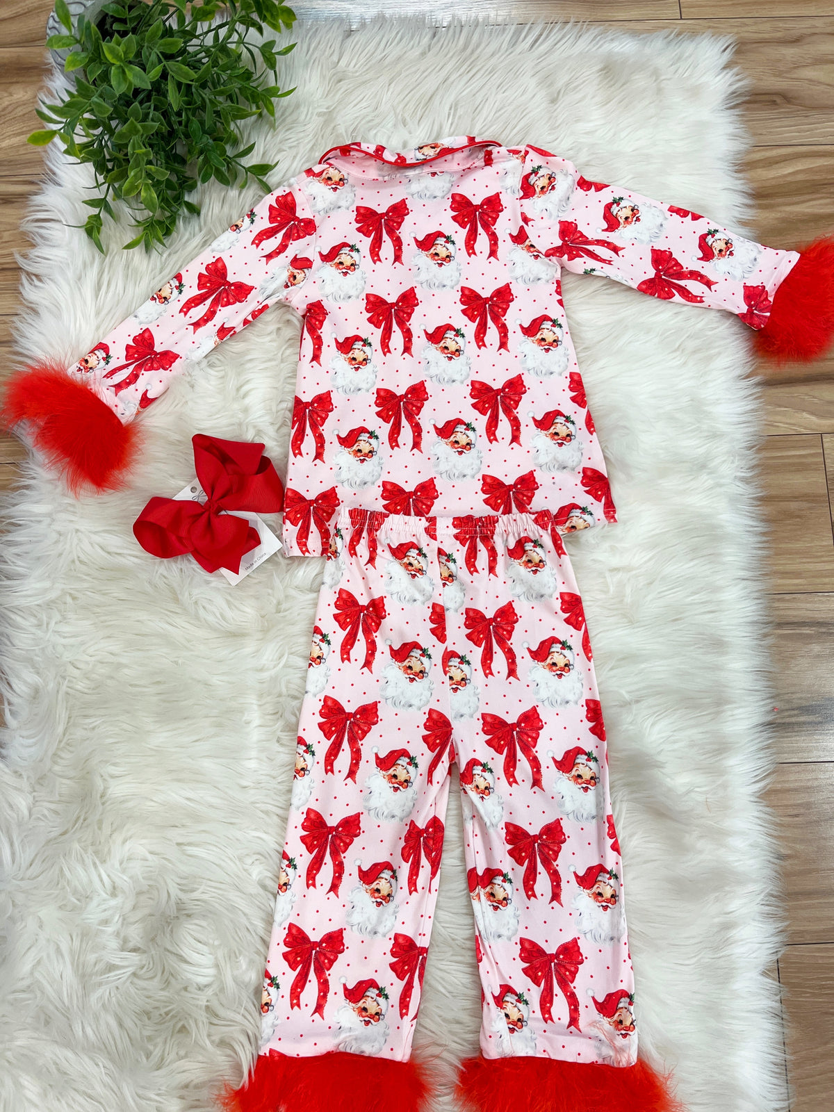 Pink Santa and bows with red fluff sleeves - Girls Pants Outfit - by Mini Mee - True to Size