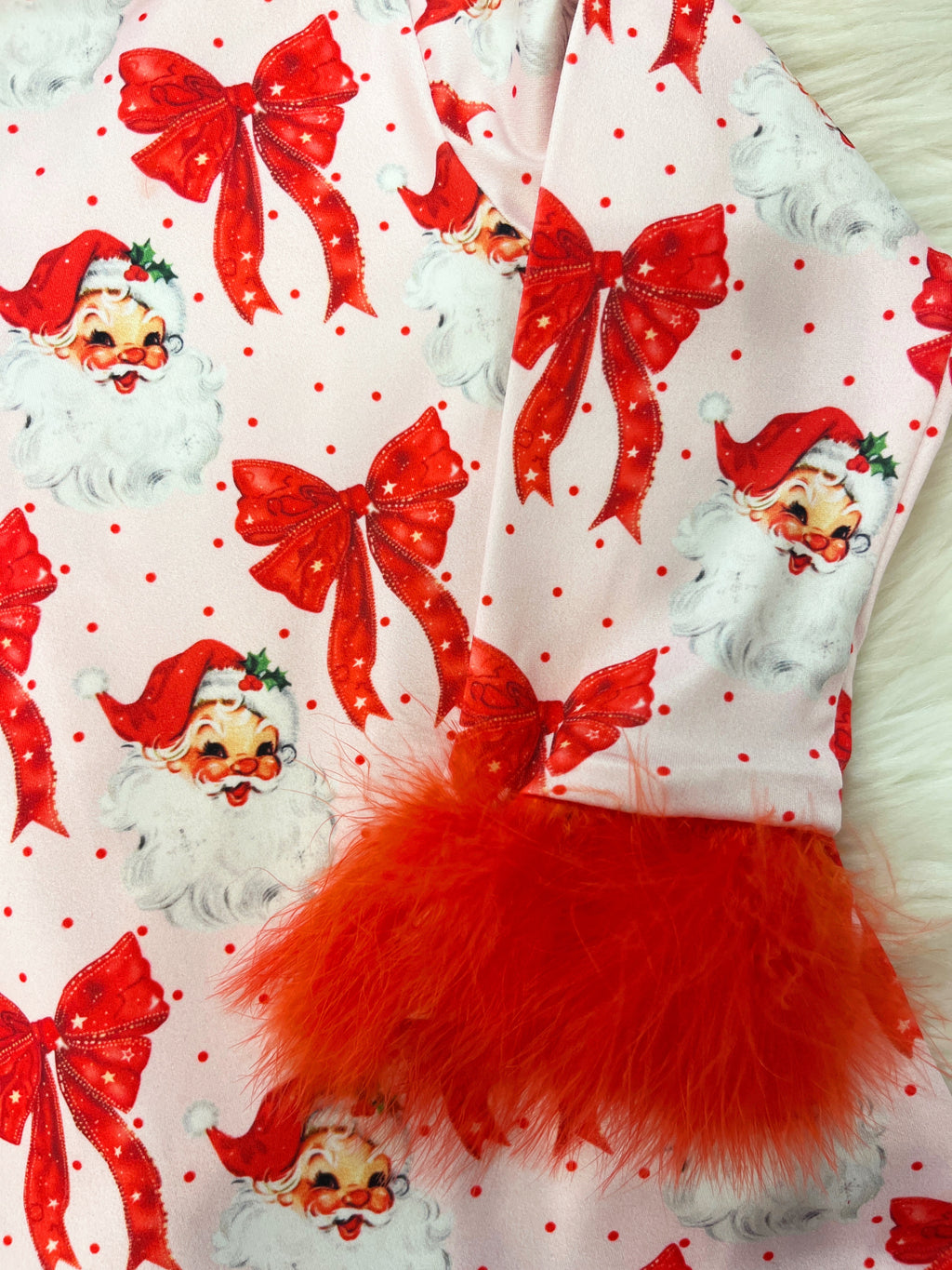 Pink Santa and bows with red fluff sleeves - Girls Pants Outfit - by Mini Mee - True to Size
