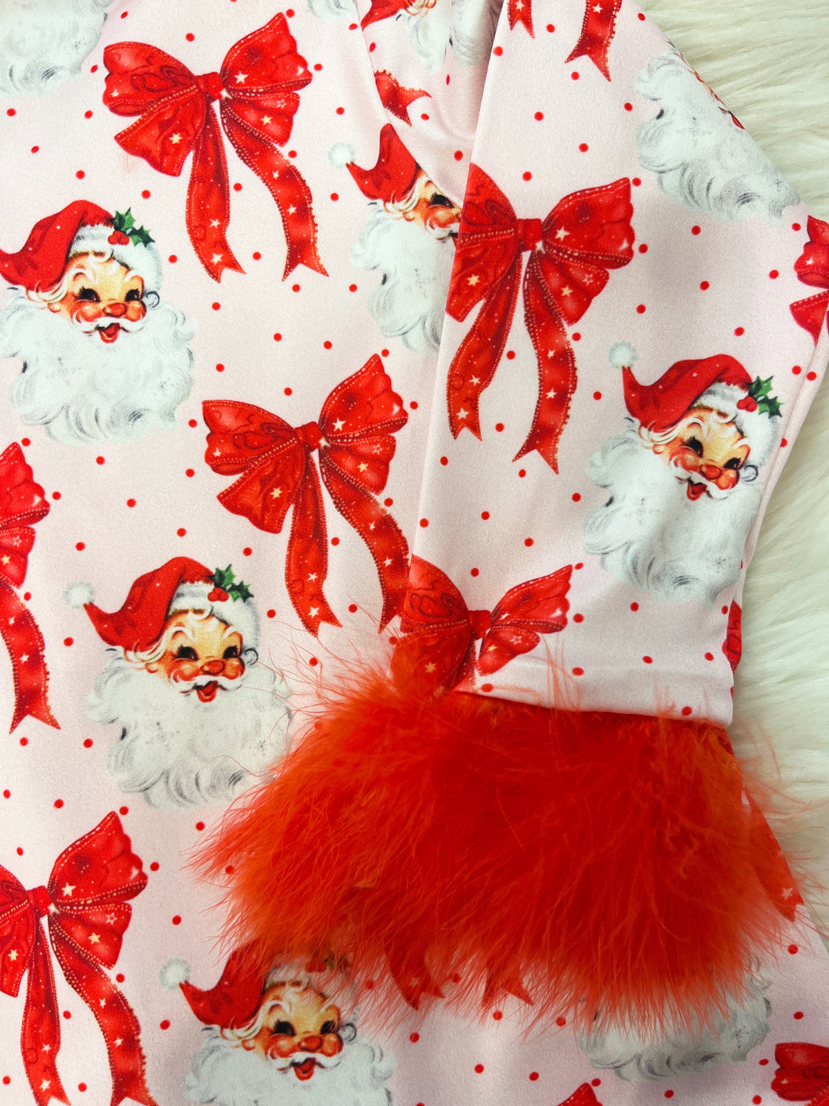 Pink Santa and bows with red fluff sleeves - Girls Pants Outfit - by Mini Mee - True to Size