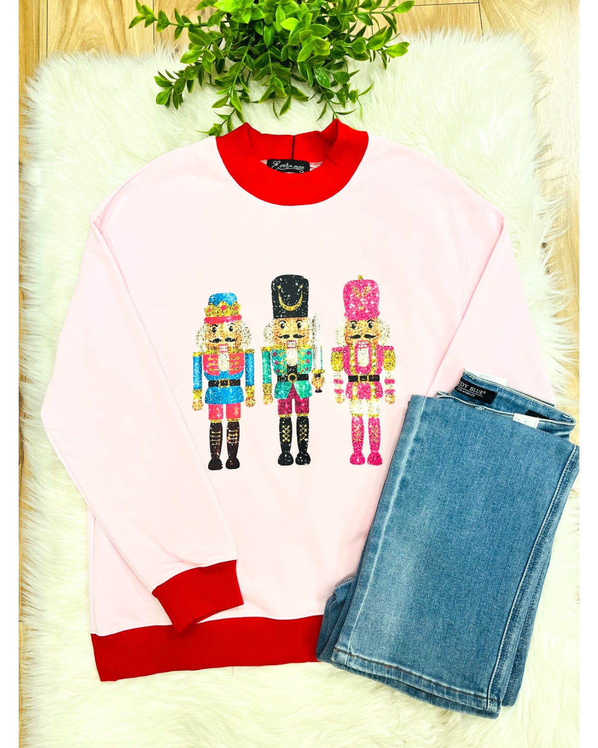 Light Pink Nutcracker Top with Red Trim - Women’s Sweatshirt Top - by Evermmee - True to Size