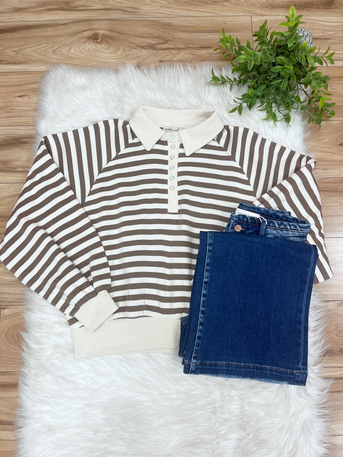 Mocha Striped Collared Button Down Pullover - Women’s Sweatshirt Top - by Zenana - Loose Fit