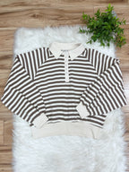 Mocha Striped Collared Button Down Pullover - Women’s Sweatshirt Top - by Zenana - Loose Fit