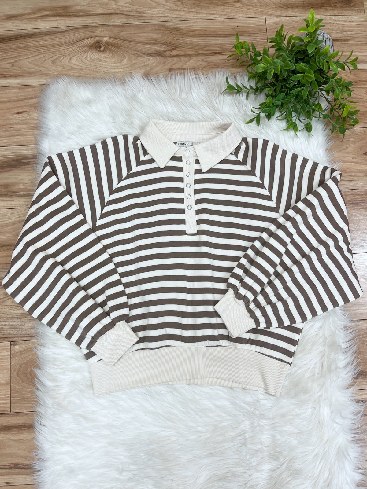 Mocha Striped Collared Button Down Pullover - Women’s Sweatshirt Top - by Zenana - Loose Fit