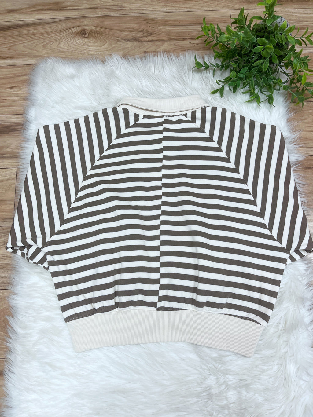 Mocha Striped Collared Button Down Pullover - Women’s Sweatshirt Top - by Zenana - Loose Fit