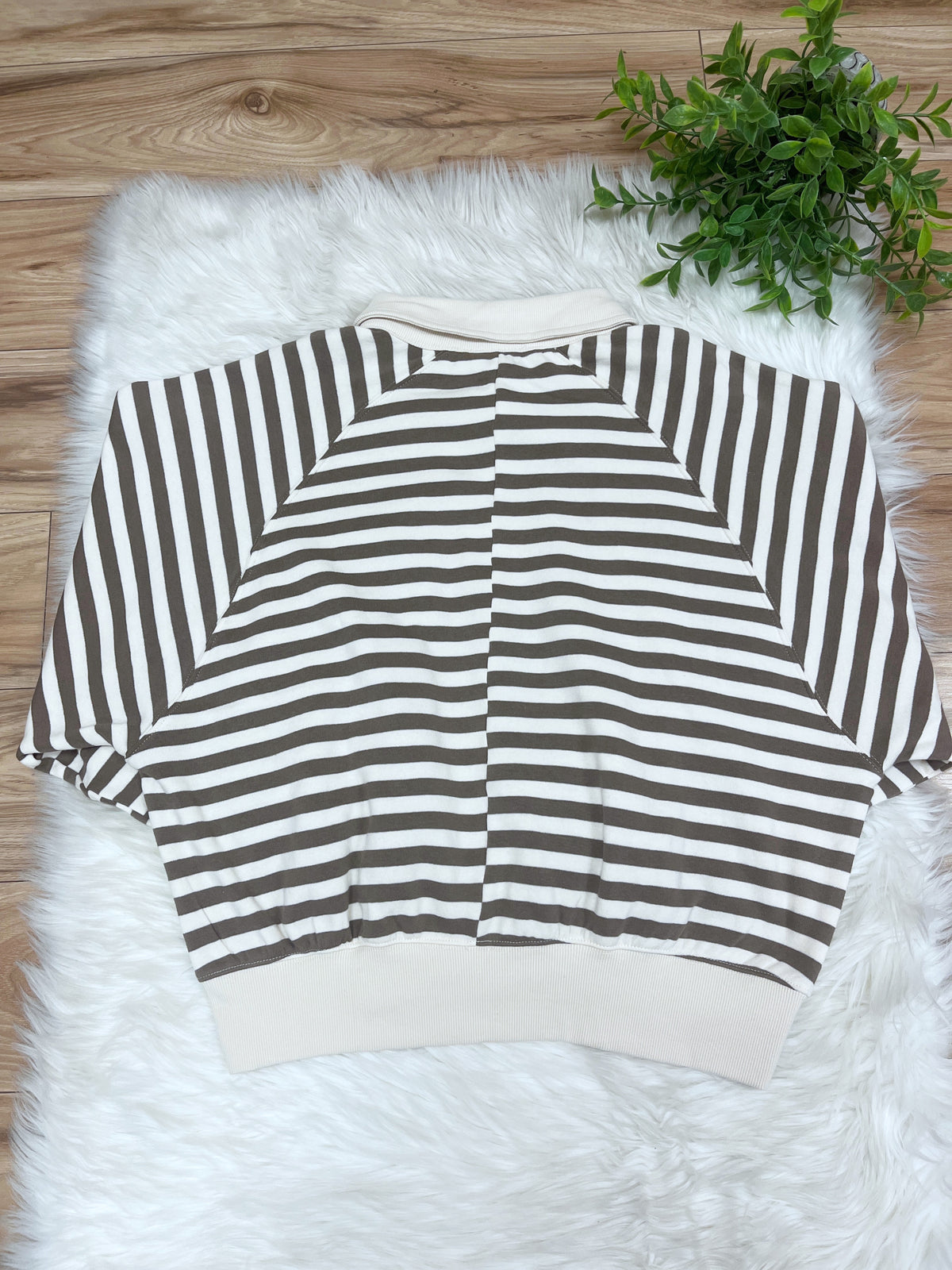 Mocha Striped Collared Button Down Pullover - Women’s Sweatshirt Top - by Zenana - Loose Fit