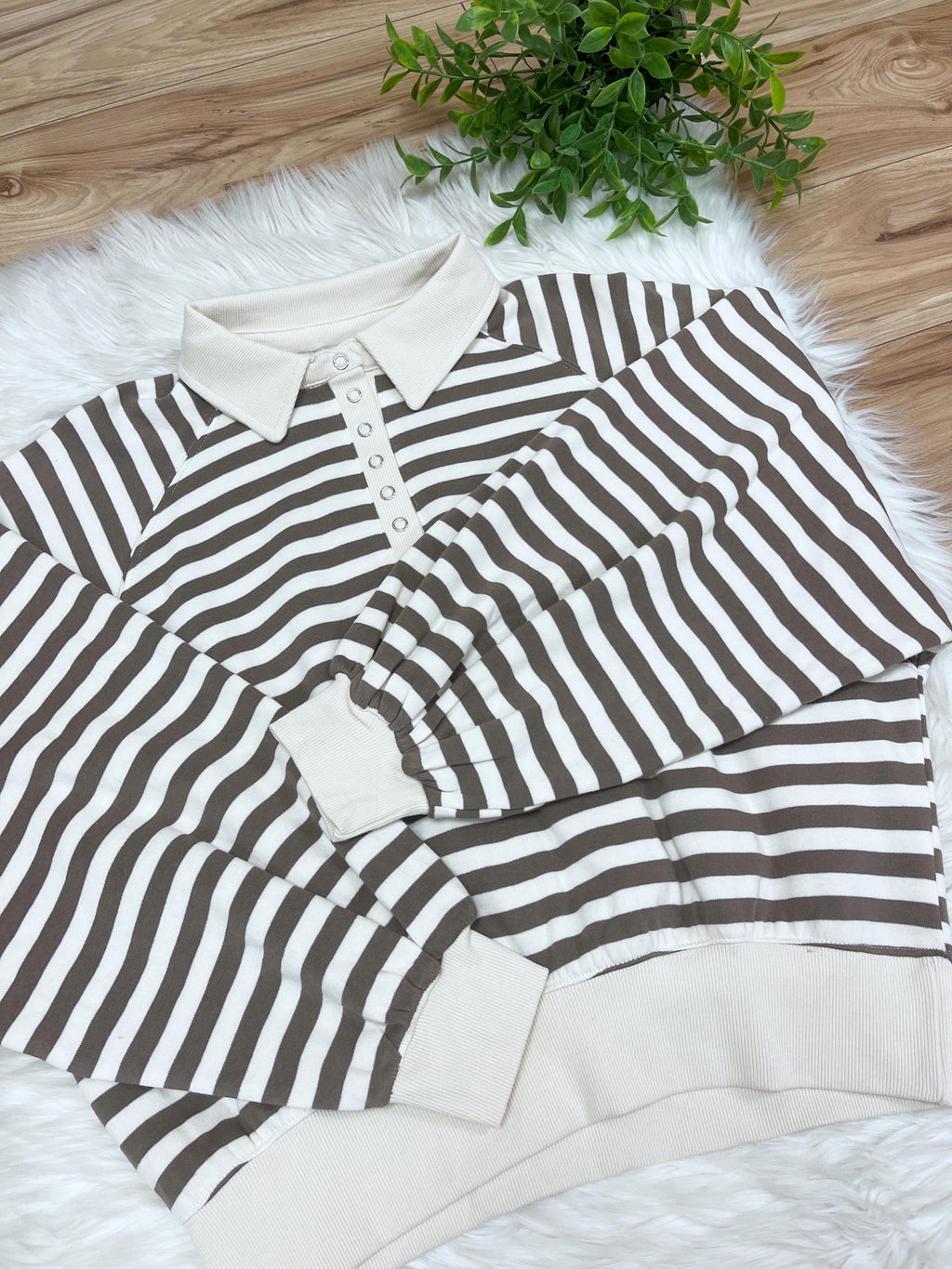 Mocha Striped Collared Button Down Pullover - Women’s Sweatshirt Top - by Zenana - Loose Fit