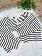 Mocha Striped Collared Button Down Pullover - Women’s Sweatshirt Top - by Zenana - Loose Fit