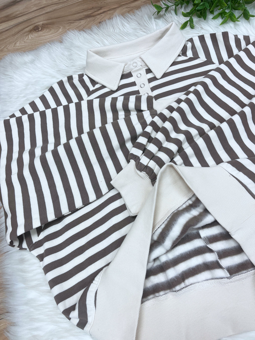 Mocha Striped Collared Button Down Pullover - Women’s Sweatshirt Top - by Zenana - Loose Fit