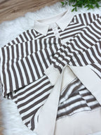 Mocha Striped Collared Button Down Pullover - Women’s Sweatshirt Top - by Zenana - Loose Fit