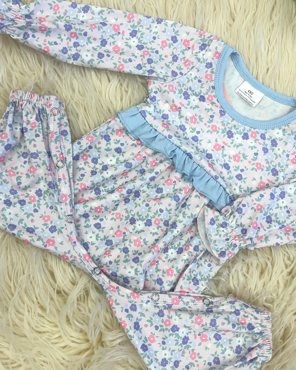 Pink and Purple Floral Ruffle Detail Romper - Girls Romper - by Mini Mee - True to Size