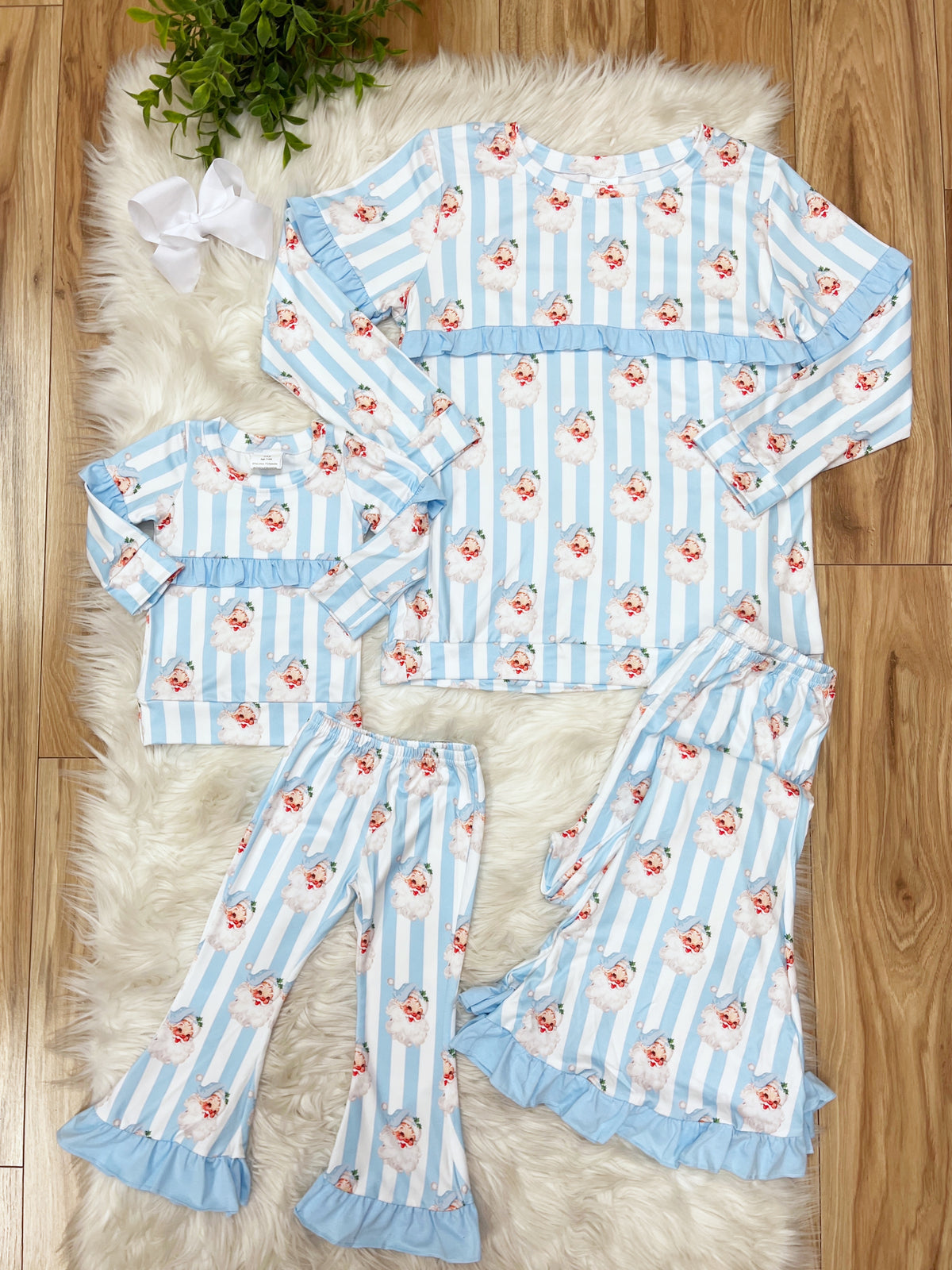 Light Blue and White Striped Santa With Ruffles - Girls Pants Outfit - by Mini Mee - True to Size