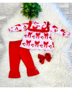 Vintage Style Santa Red Bow - Girls Pants Outfit - by Mini Mee - True to Size