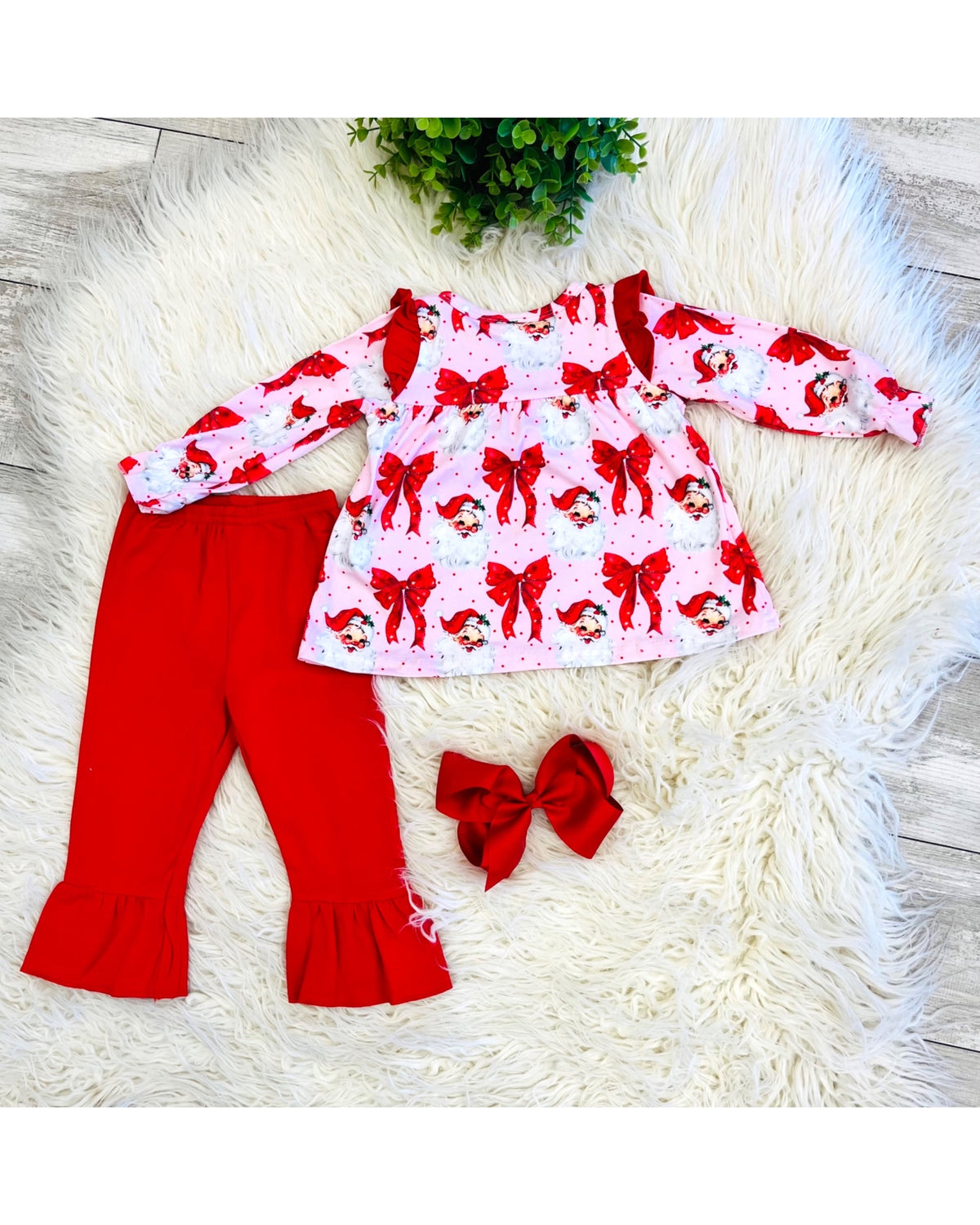 Vintage Style Santa Red Bow - Girls Pants Outfit - by Mini Mee - True to Size