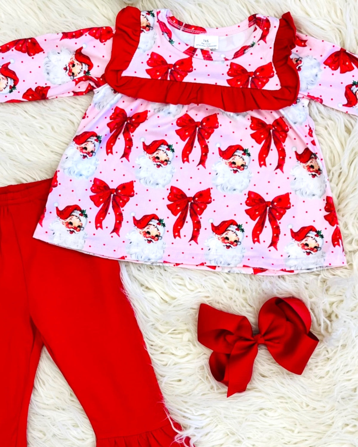 Vintage Style Santa Red Bow - Girls Pants Outfit - by Mini Mee - True to Size