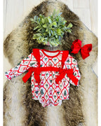 Mixed Christmas Print Bubble with Red Bow Detail - Girls Romper - by Mini Mee - True to Size