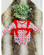 Mixed Christmas Print Bubble with Red Bow Detail - Girls Romper - by Mini Mee - True to Size