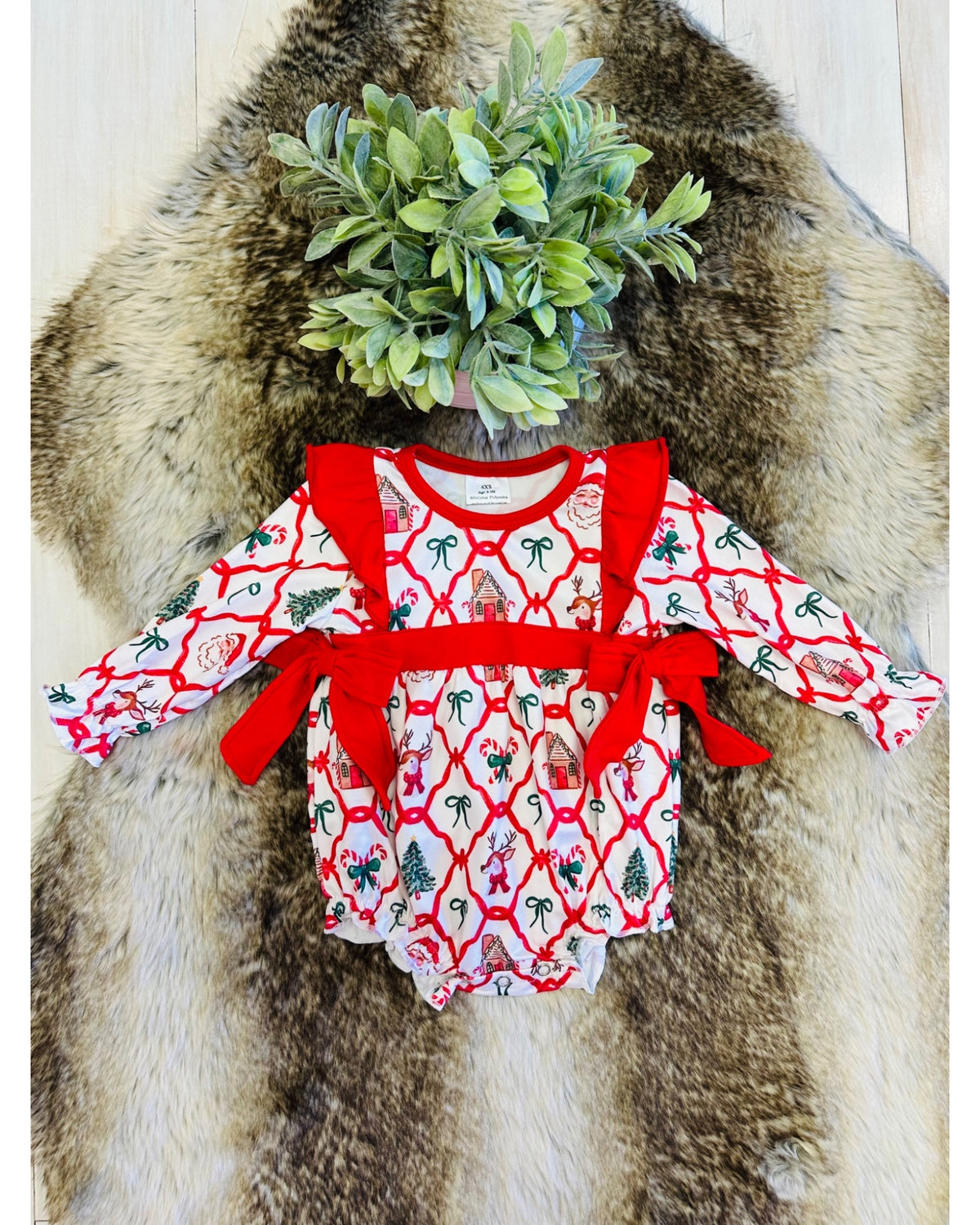 Mixed Christmas Print Bubble with Red Bow Detail - Girls Romper - by Mini Mee - True to Size
