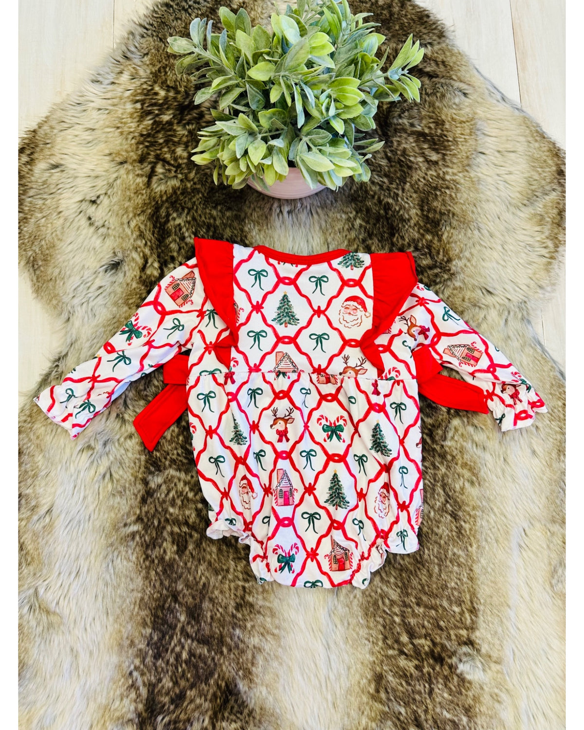 Mixed Christmas Print Bubble with Red Bow Detail - Girls Romper - by Mini Mee - True to Size