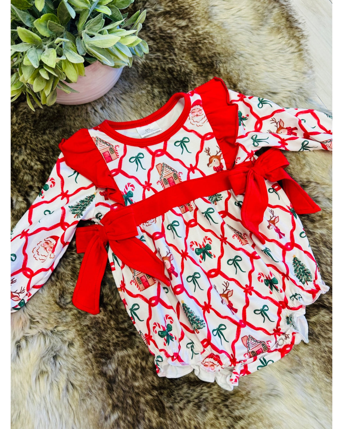 Mixed Christmas Print Bubble with Red Bow Detail - Girls Romper - by Mini Mee - True to Size
