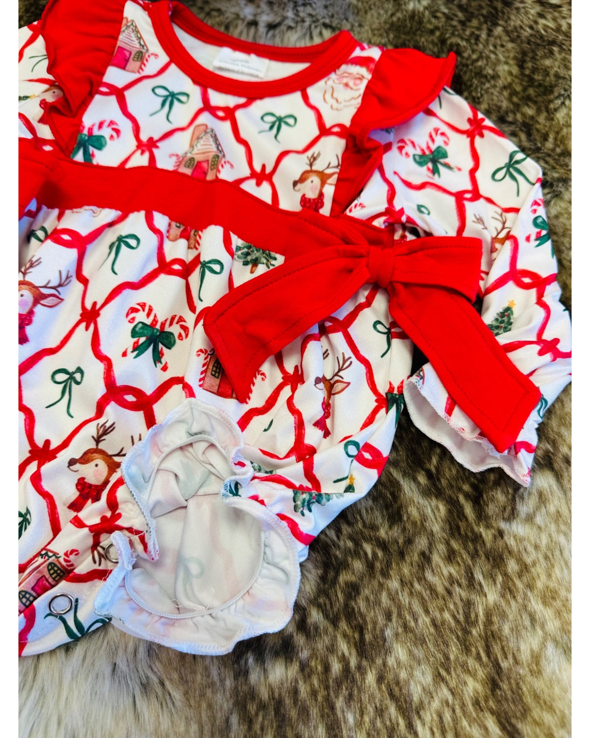 Mixed Christmas Print Bubble with Red Bow Detail - Girls Romper - by Mini Mee - True to Size