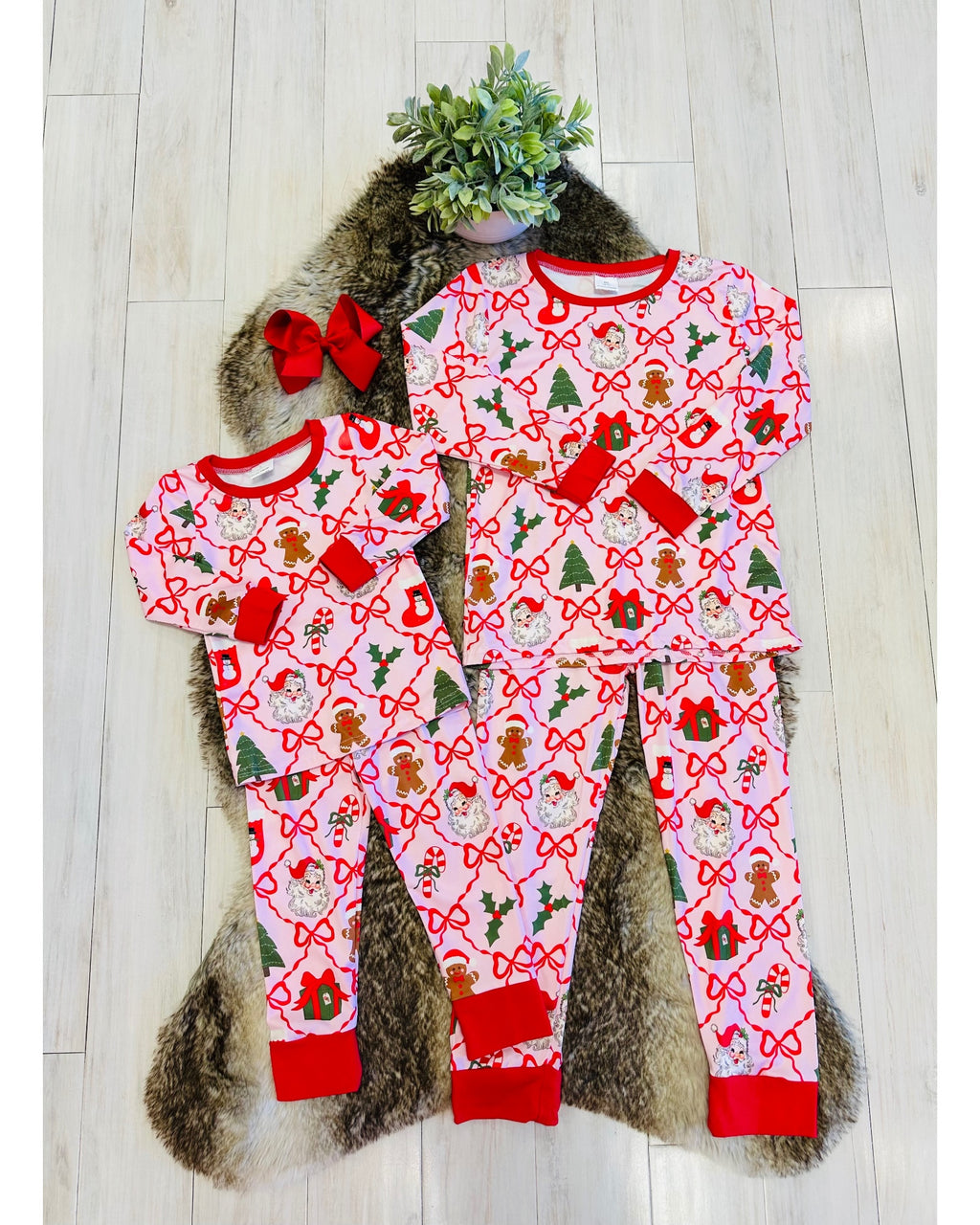 Light Pink Mixed Christmas Print Pajamas with Red Trim - Girls Pants Outfit - by Mini Mee - True to Size