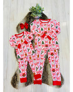 Light Pink Mixed Christmas Print Pajamas with Red Trim - Girls Pants Outfit - by Mini Mee - True to Size