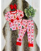 Light Pink Mixed Christmas Print Pajamas with Red Trim - Girls Pants Outfit - by Mini Mee - True to Size