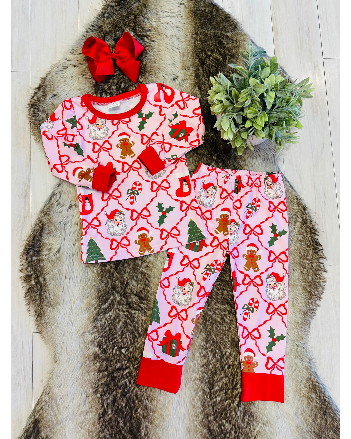 Light Pink Mixed Christmas Print Pajamas with Red Trim - Girls Pants Outfit - by Mini Mee - True to Size
