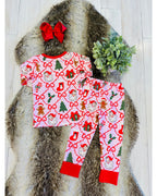 Light Pink Mixed Christmas Print Pajamas with Red Trim - Girls Pants Outfit - by Mini Mee - True to Size