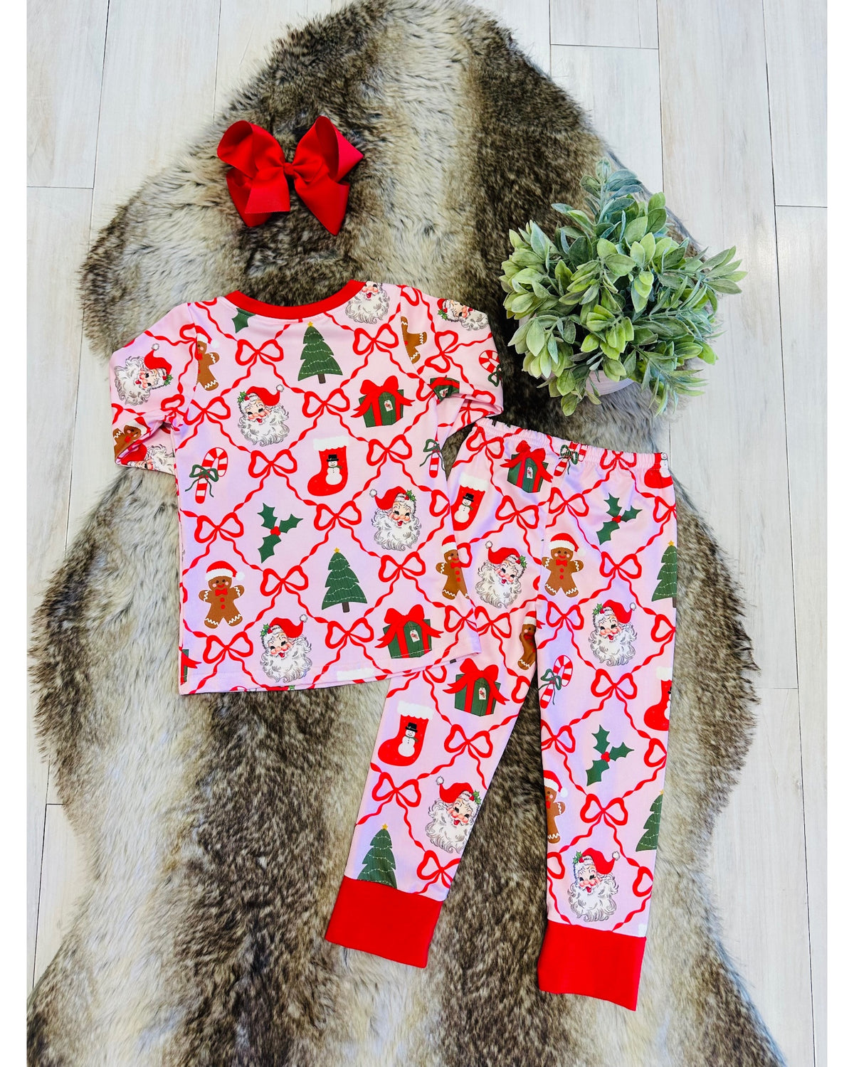 Light Pink Mixed Christmas Print Pajamas with Red Trim - Girls Pants Outfit - by Mini Mee - True to Size