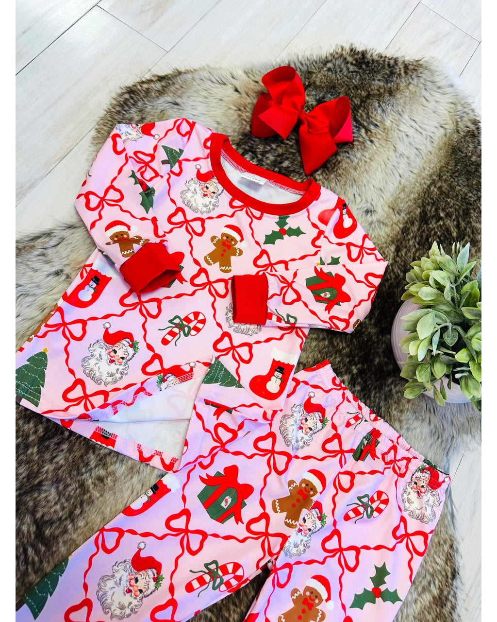 Light Pink Mixed Christmas Print Pajamas with Red Trim - Girls Pants Outfit - by Mini Mee - True to Size